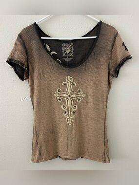 Y2K Velvet Stone Embroidered Studded Cross Shirt Womens L Rhinestone Embellished